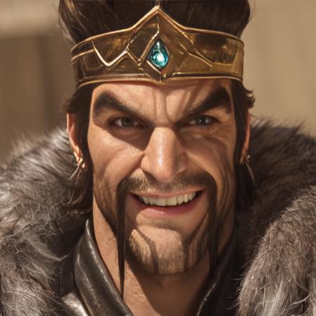 00713-3173387822-,1boy,solo,male focus,jewelry,facial hair,earrings,brown hair,brown eyes,manly,fur trim,realistic,teeth,crown,Gladiatorial arena.png